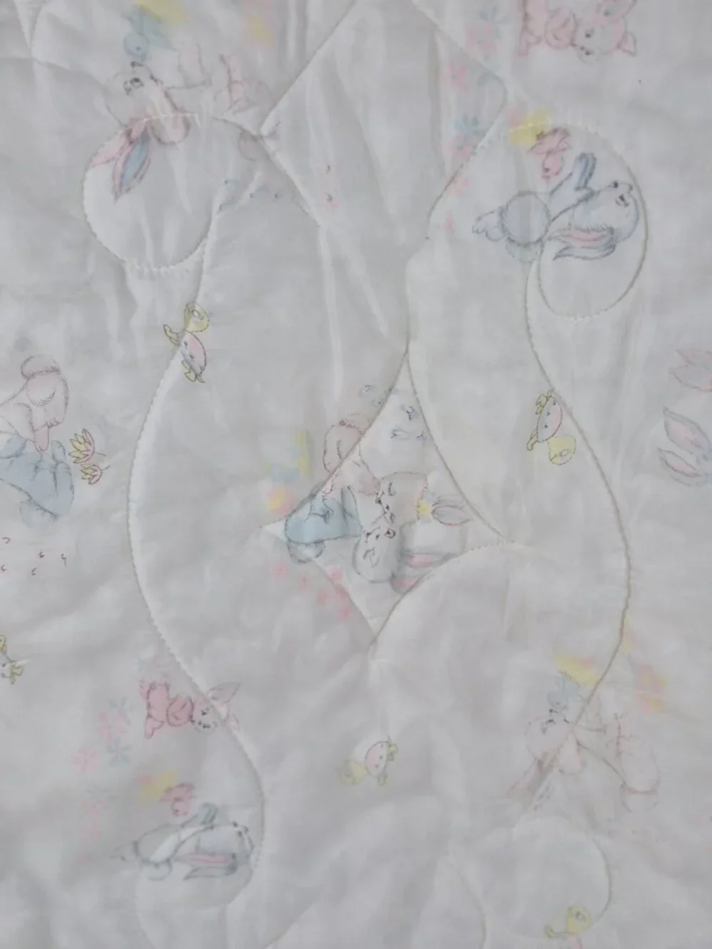 Vintage Sears Satin Quilted Baby Comforter Blanket Sheer Lace Trim Bunny Graphic